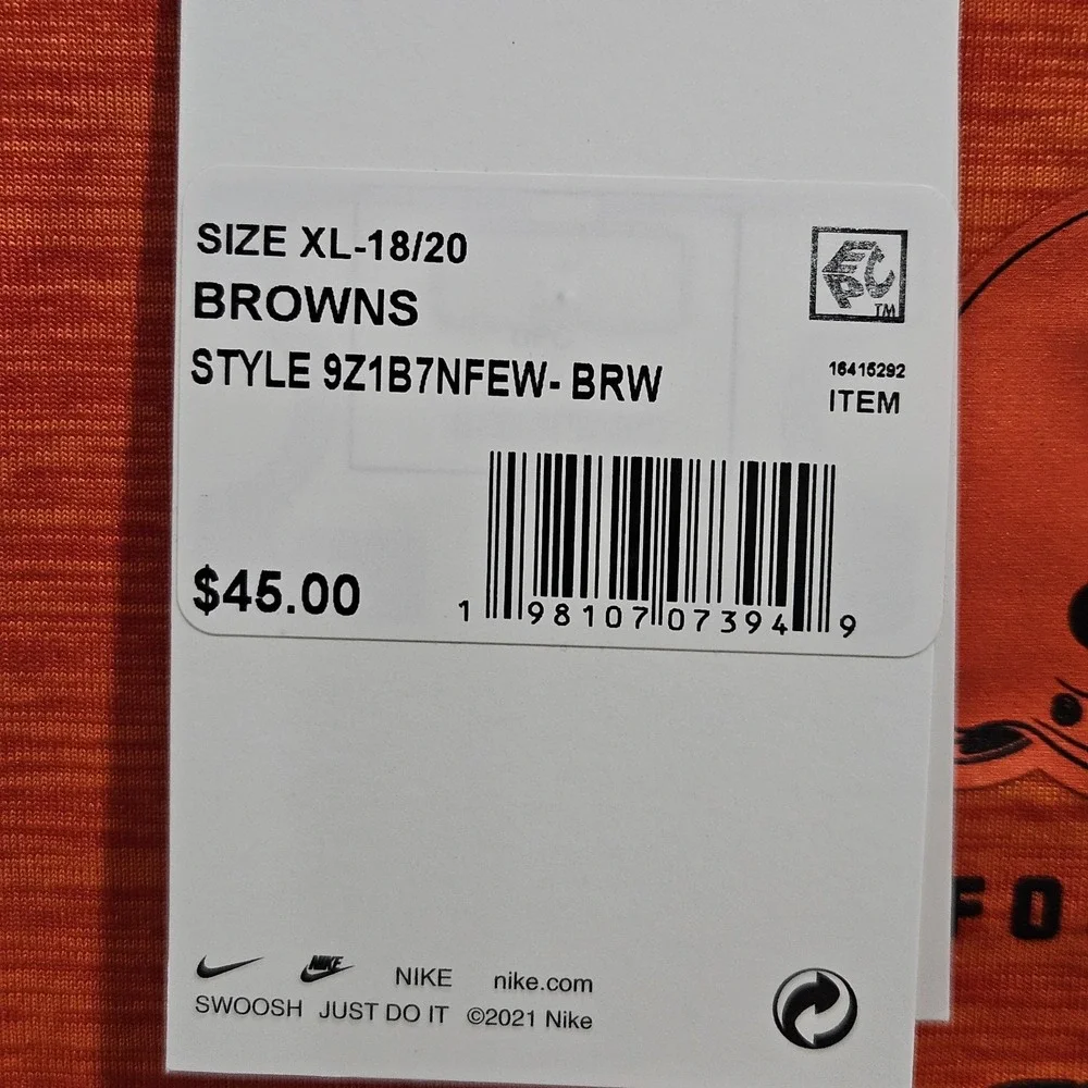 NEW Nike Dri-Fit‎ Cleveland Browns Long Sleeve Shirt Youth XL NFL Velocity